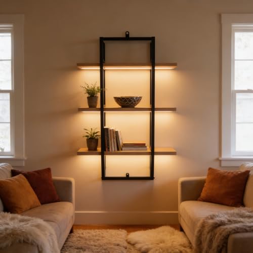 Image of Mighty Home Floating Wall Shelf with Black Metal Frame - Wooden Wall-Mounted Shelves for Books, Plants & Decor | DIY Organizer for Home & Office (Beige, 3-Tier)