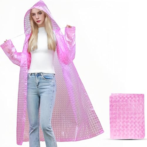 TonJin 1 Pack Rain Ponchos for Adults Reusable, New upgraded Thickened EVA Travel Raincoat Jacket with Hoods and Sleeves, 3D Pink Waterproof Capes Ponchos for Men Women Outdoor Hiking Camping