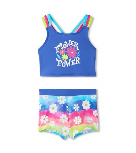 Hatley Girls' Two Piece Short Swimsuit, Rainbow Flower, 7 Years