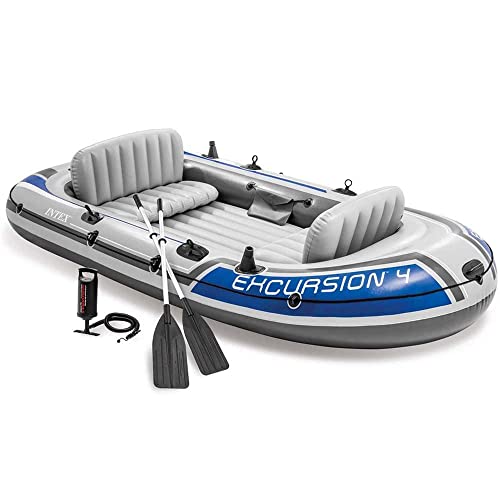 Image of Exursion 4, 4 Person Inflatable Boat for Flood Rescue, Adventure, Rafting, Fishing, for Fun and Enjoyment in River with Friends and Family, Included Oars & Air Pump (68324)