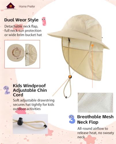 Image of Home Prefer UPF 50+ Boys Sun Hat with Neck Flap Wide Brim Summer Beach Bucket Hat for Boys Girls Toddler Kids Safari Hat