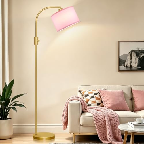 Image of Nintiue Dimmable Floor Lamp, 1200 Lumens LED Edison Bulb Included, Arc Gold Floor Lamps for Living Room Modern Standing Lamp with Pink Linen Shade