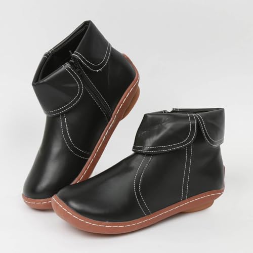 Women's Vintage Casual Short Ankle Boots, Fall Boots 2025 Arch Support No Heel Side Zipper Retro Leather Booties Comfy Damping Slip On Flat Shoes Fall Winter Waterproof Combat Boots3