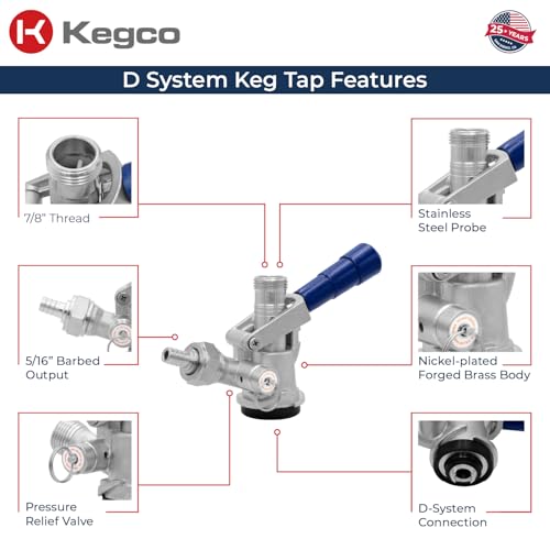 Image of Kegco Beer Keg Coupler D System Tap - Blue Lever Handle