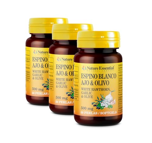 Nature Essential | Espino Blanco + Ajo + Olivo | 500 mg | Ansiedad | Circulación de la Sangre y Azúcar en Sangre | 50 Perlas (Pack 3 unidades)