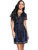 Women's Mesh Backless Vintage 1920s Beads Sequin Flapper Dress (M, Navy-Blue)