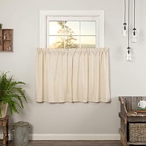 Vhc brands simple life flax solid color cotton linen blend farmhouse kitchen curtains rod pocket 36×36 tier pair natural creme white  urban country home decor