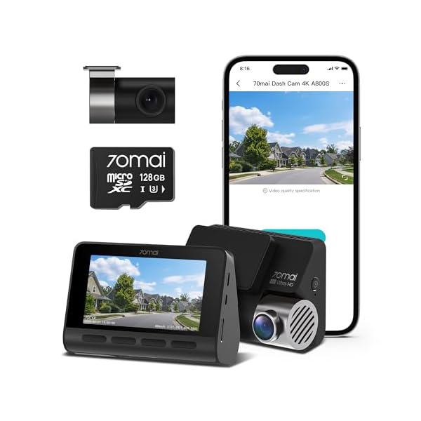 70mai 4K Dash Cam A800S with Sony IMX415, Front and Rear,with Free 128GB SD Card, Built in GPS, Super Night Vision, 3” IPS LCD, 24H Parking Mode, ADAS, Loop Recording, iOS/Android App Control