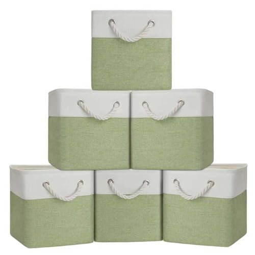Cube-Storage-Bins-Collapsible-Fabric-Storage-Cubes-Bins-11-Inch-Cube-Storage-Bins-with-Handles-Foldable-Storage-Cubes-WhiteGreen-6Pack Cube Storage Bins, Collapsible Fabric Storage Cubes Bins, 11 Inch Cube Storage Bins with Handles, Foldable Storage Cubes (White/Green, 6Pack) - Image 1