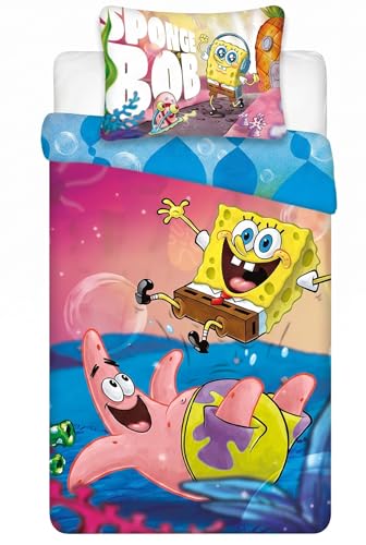 BrandMac Spongebob Squarepants Parure de lit pour Tout-Petits | Housse de Couette 100x135 cm avec taie d’Oreiller 40x60 cm | 100% Coton | Doux et Respirant...