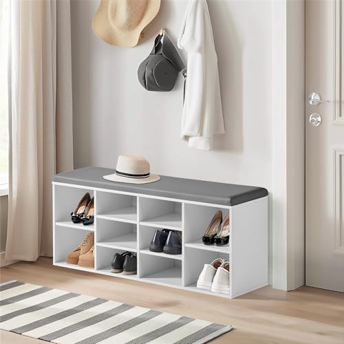 FurnitureR Zapatero con Asiento, Banco con Espacio de Almacenamiento, Acolchado, 3 Compartimentos Abiertos, Compartimento Debajo del cojín, Zapatero para salón, Pasillo, Armario Europeo para