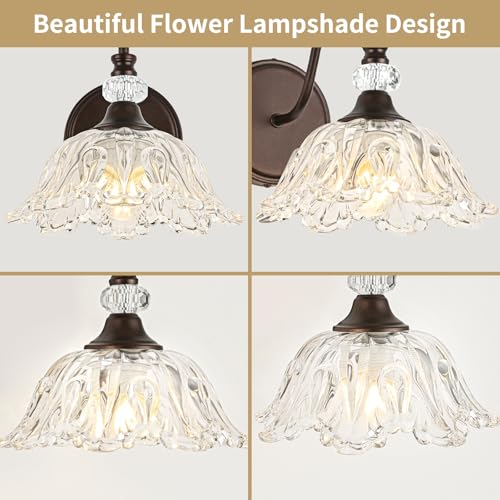 Image of 1-Piece Oil Rubbed Bronze Vintage Wall Sconce with Floral Etched Clear Glass Shade, Farmhouse Wall Mount Lighting for Bathroom,Vintage Bathroom Vanity Light Fixtures