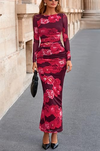 Image of PRETTYGARDEN Women's Long Sleeve Bodycon Dresses 2026 Spring Sexy Floral Mesh Slit Ruched Tight Maxi Wedding Guest Dress