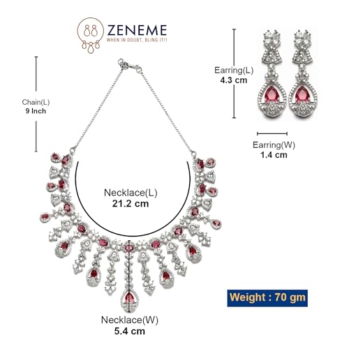Image of ZENEME Rhodium-Plated Silver-Toned Emerald-Cut American Diamond Floral Link Necklace Set with Pear Drop Earrings for Women & Girls