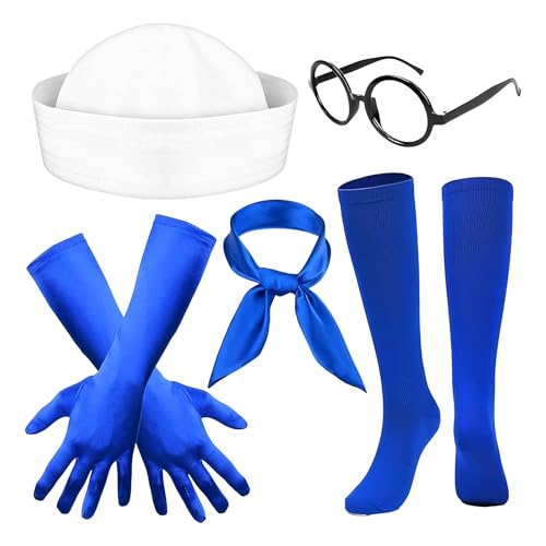 Juego de 5 piezas de marinero con bufanda azul y guantes, disfraz de marinero para adultos, incluye gorro de marinero, calcetines azules, guantes azules, bufanda azul, marco negro, disfraz de
