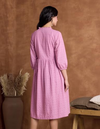Image of Amazon Brand - Myx Women's Schiffli Embroidery Ethnic Dress | Fit and Flare | Knee Length (Available in Plus Sizes)