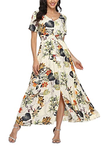 Ferrendo Women's Floral Maxi Dress Button Up Split Flowy Bohemian Party Beach Dresses Beige
