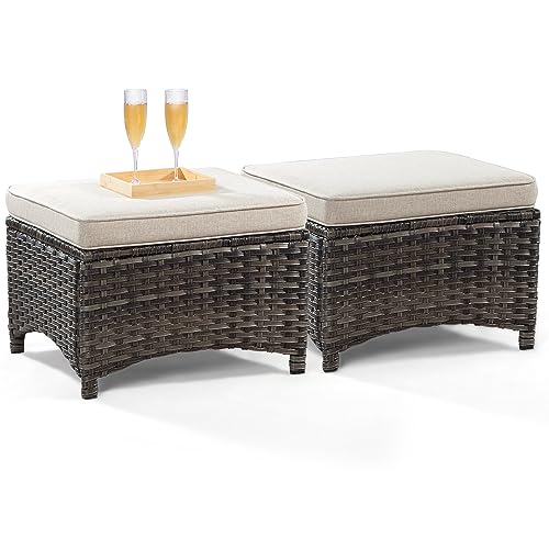 Joyside Outdoor Ottomans for Patio Set of 2 PE Wicker Steel Frame Outdoor Footstool with Removable Olefin Cushions for Garden, Patio, Backyard and Deck, Beige