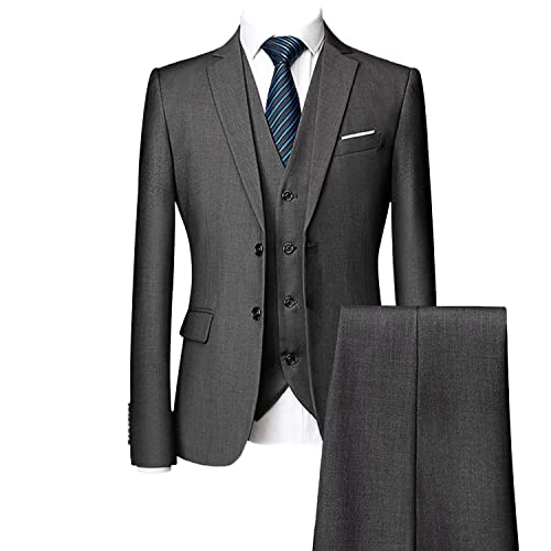 Men's Regular Fit 3 Piece Suit Set Two Button Solid Business Blazer Vest Pants Casual Slim Fit Groomsmen Wedding Suits (Grey,Large)