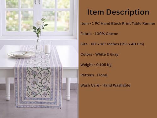 Image of Ravaiyaa - Attitude is everything Cotton Hand Block Printed Table Runner Bed Runner Table Decor (Grey & White Floral)