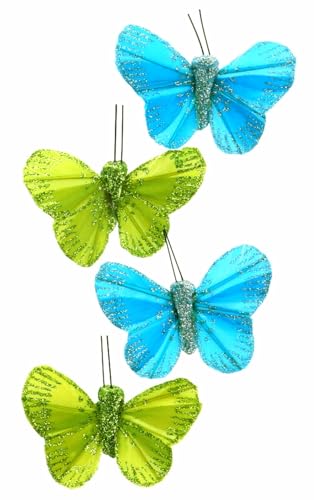 4 Papillons Fixation Aimantée pour décoration des Rideaux, Couleurs Bleu Ciel & Vert Anis avec...