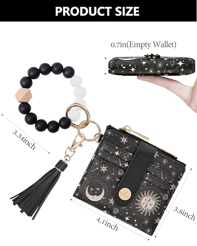 Image of Keychain Wallet Wristlet for Women,RFID Small Sun and Moon Wallet | Wallet Wristlet with Zipper Coin Pocket,Vegan Leather Card Wallets for Women, 2 ID Window,Gift