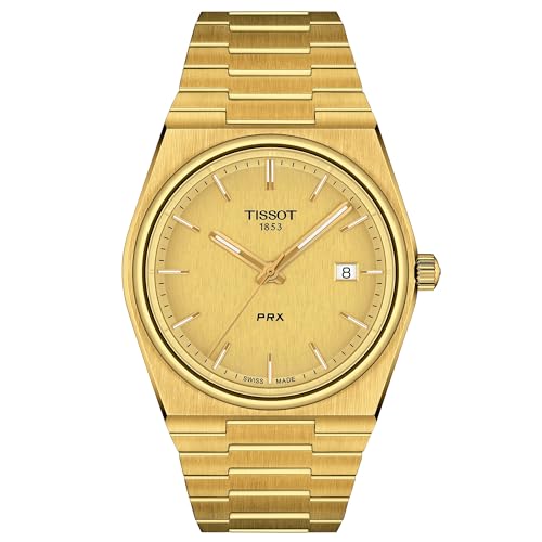 Tissot Mens PRX 316L Stainless Steel case with Yellow Gold PVD Coating Quartz Watch, Yellow, Stainless Steel, 12 (T1374103302100)