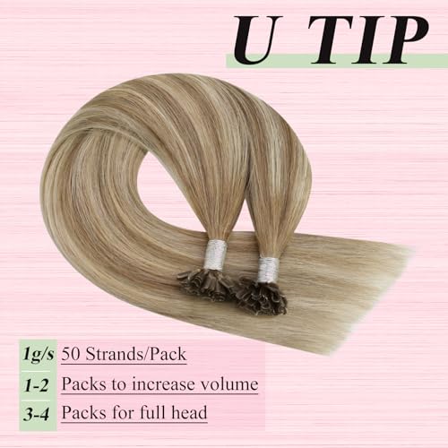 Image of YoungSee U Tip Hair Extensions Real Human Hair Ombre Light Brown and Blonde Utip Real Hair Extension Balayage Human Hair K Tips Extensions for Long Hair Ktips Hair Extension Add Length 1G /S 50G 22In