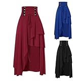 Women Goth Steampunk Skirt High Waist Lace Up Pirate Midi A-Line High Low Skirt Vintage Medieval Victorian Costume Wine