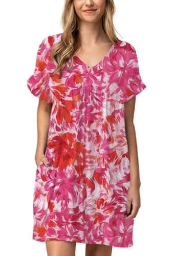 Image of Jayscreate Women's Baby Doll Dress Summer Casual Tunic Pleated Flowy Swing Short Sleeve Black V Neck Mini Dress