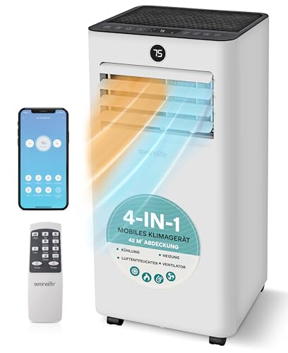 SereneLife Mobile Klimaanlage 9000BTU mit Abluftschlauch 4-in-1 Klimagerät mit WLAN Kühlen Heizen Ventilator und Entfeuchter bis 31 m 24h Timer 55dB Inkl. Fensterkit für Zuhause Büro
