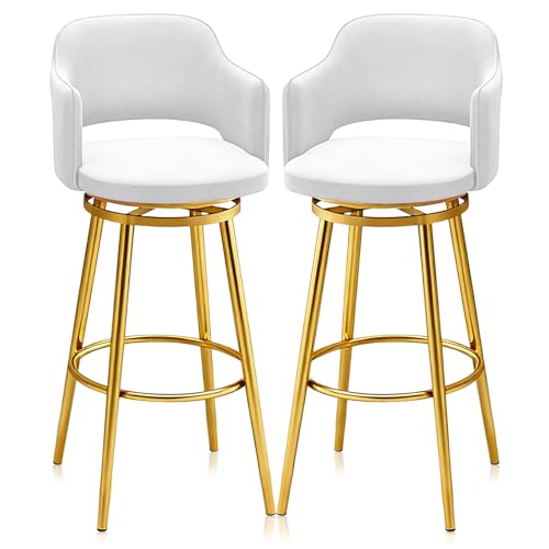Guyifuny Juego de 2 taburetes de Bar, taburetes de Bar giratorios de Terciopelo con Respaldo, sillas de Bar de Cocina, reposapiés de Metal Moderno, Patas de Hierro(White Gold Frame,75cm)