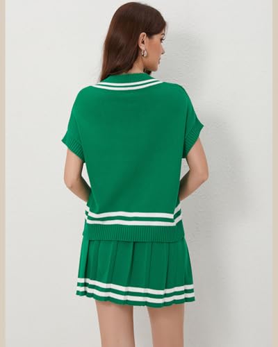Image of Women 2 Piece Skirt Sets Summer Short Sleeve Cable Striped Knit Tops and Pleated Mini Skirt Two Piece Outfits