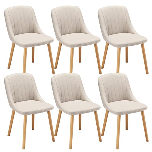 Goeurvant Lot de 6 Chaise Beige Salle a Manger Pieds Bois Chaises de Salon Chaises de Cuisine en Polyester avec Dossier pour Salon