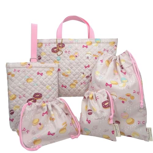 ハンドメイド スイーツ レッスンバッグ 上履き入れ 巾着 マカロン 入園 入学 5点セット 女の子 おしゃれ かわいい キルティング