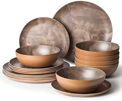 Joviton Home 18PCS Olive Wood Melamine Dinnerware Sets for 6, Plates and Bowls Sets (Olive Wood)