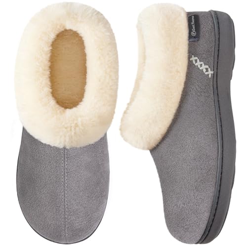 EverFoams Women's Microsuede Cozy Memory Foam Winter Slippers with Fuzzy Faux Fur Collar and Indoor Outdoor Rubber Sole (Gray, Size 9-10 M US)