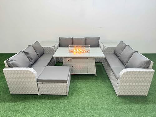 FMSGarden PE Rattan Lounge Sofa Set 10 Seater Outdoor Garden Furniture Set with Firepit Dining Table 3 Seater Sofa Big Footstool 2 Side Table Light Grey