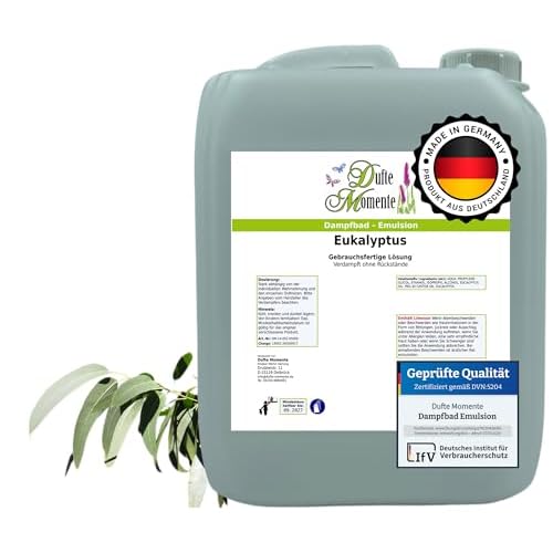 Dufte Momente | Dampfbad Emulsion 5 Liter Eukalyptus | geprüfte Qualität | mit naturreinen und natürlichen ätherischen Ölen | gebrauchsfertig | vegan und ohne Tierversuche