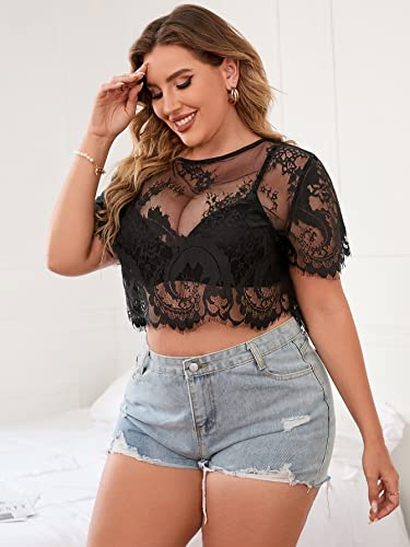 WDIRARA Women's Plus Size Floral Lace Tee Shirts See Through Short Sleeve Crop Tops3