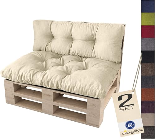 sunnypillow Palettenkissen für Palettenmöbel - 2er Set - Palettenauflage für Palettensofa - Palettenpolster für Garten, Gesteppte Kissen für Europaletten - Sitzkissen & Rückenkissen Cremefarben
