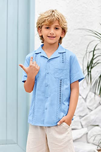 Boys Guayabera Shirts Cuban Short Sleeve Tops Casual Button Down Beach Shirt Spread Collar Solid Summer Blouse3