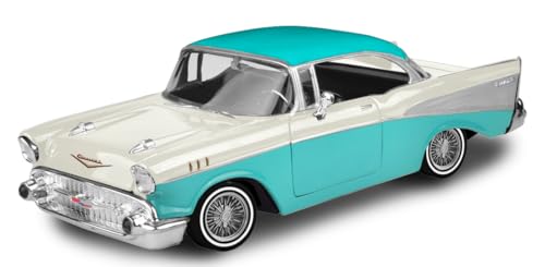 1957 Chevy Bel Air Lowrider turquoise métallisé et blanc Get Low Series 1/24 Modèle de voiture moulé par injection de Motormax 79029