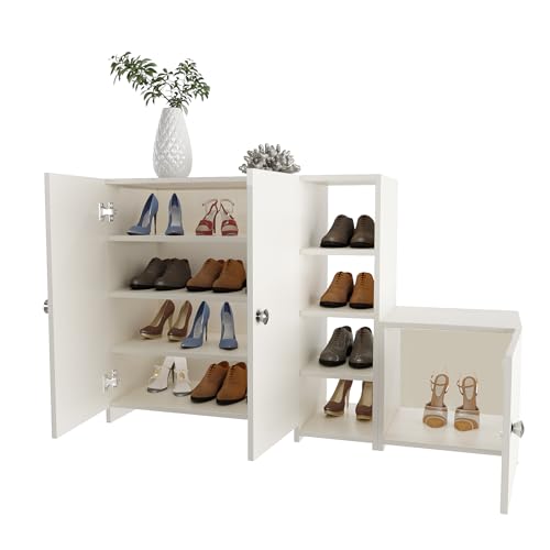 Image of FURNEASER Fusia Modern Shoe Rack Cabinet | Engineered Wood Shoe Storage with Doors & Shelves | Elegant Footwear Organizer for Entryway & Home (White)