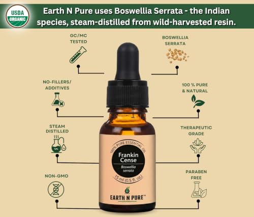 Image of Earth N Pure Frankincense Essential Oil (Loban Oil) Undiluted, Natural and Therapeutic Grade with Glass Dropper -15 ml