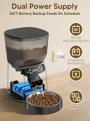 Automatic Cat Feeder and Water Fountain, 4L/16 Cups Timed Cat Dry Food Dispenser, 10s Meal Call, 20 Portions 6 Meals Per Day, 2L Cats Fountains for Drinking with Filter, Pet Feeder for Dog Black - Image 3