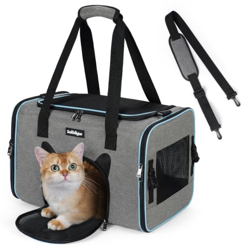 rabbitgoo Cat Carrier Soft with Safety Buckles, Sturdy Comfortable Pet Bag | Portable Travel Carrier for Car Vet Airline, Breathable for Kitten Small Medium Anxious Cat Up to 18lbs, Grey 17″Lx11″Wx11″H