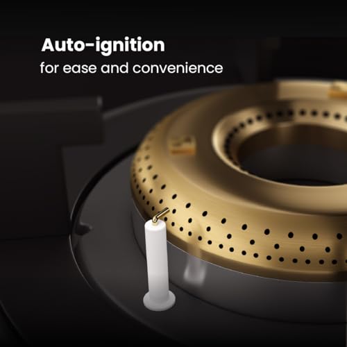Image of Livspace Intellia 4 Burner Gas Stove | Auto Ignition | Premium Glass Top with Gold Themed knobs | 2 years Warranty | ISI Certifed | Full Brass Burners | 6 mm Toughened Glass | LPG & PNG