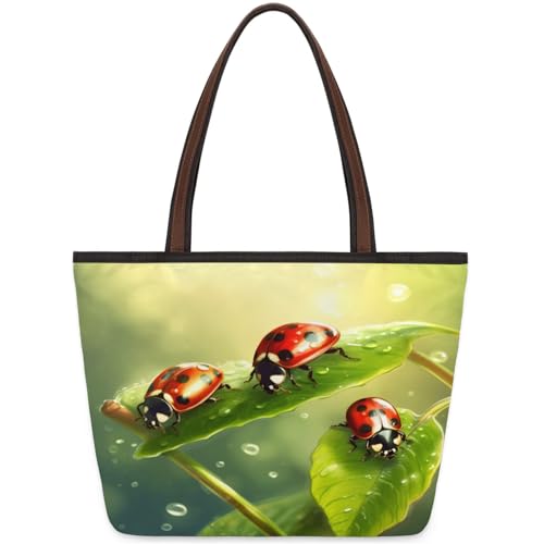 Leaf Watercolor Ladybird Tote Bag Multi Pocket Zippered Beach Bag Lightweight Waterproof Handbag for Women Men Work Gym Travel Swimming Yoga Grocery Shopping M