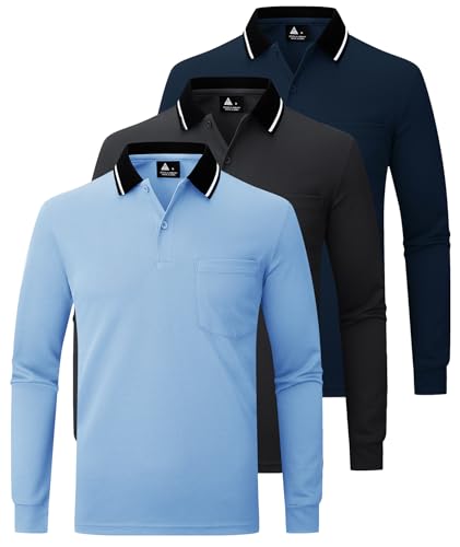 JACKETOWN Polo para Hombre Paquete de 3 Polo Manga Larga Camiseta de Golf Trabajo Transpirable T Shirt con Bolsillo Primavera Otoño Camiseta Senderismo Pesca,Gris Oscuro Azul Marino Azul Luna,3XL